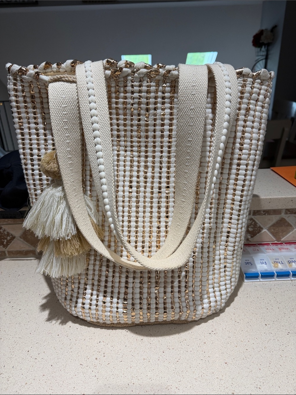 Woven Cream and Gold Tote Bag with Tassel
